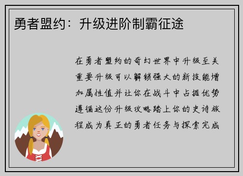 勇者盟约：升级进阶制霸征途
