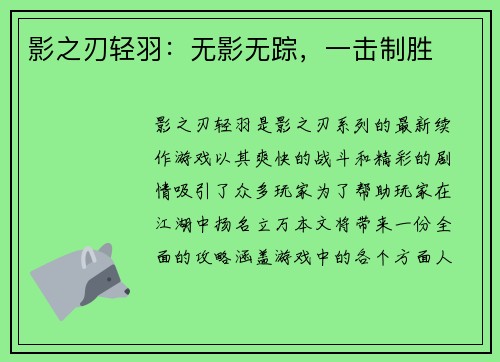 影之刃轻羽：无影无踪，一击制胜